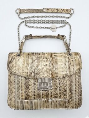 Vintage Genuine Snakeskin Top Handle Shoulder Bag With Silver Hardwear And Chain
